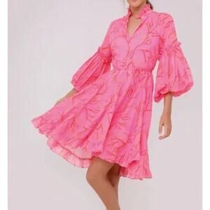 KLEID Agatha Mini Dress Pink Coral Ruffle Tiered Long Sleeve Mini Size Medium